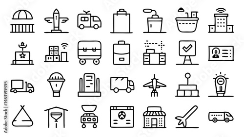 Airport ground support transport line icon set - vector pictograms representing essential airport services, including baggage handling, transportation, and logistical operations.