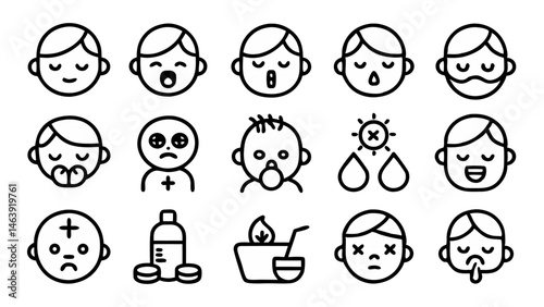 Baby Feeding Problem Line Icon Set Vector Pictograms