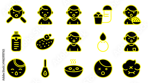 Baby Feeding Problem Line Icon Set Vector Pictograms