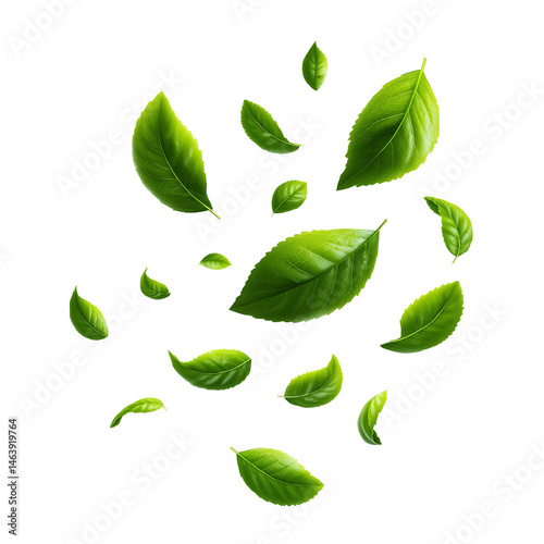 Falling green leaves in various sizes and angles