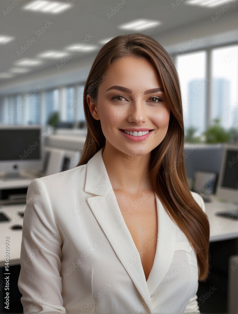 Fototapeta premium Young beautiful business woman in office background