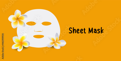 Flat design of a white sheet mask with tropical frangipani flowers on a bright orange background. Perfect for representing natural skincare, spa treatments, and beauty product illustrations.

