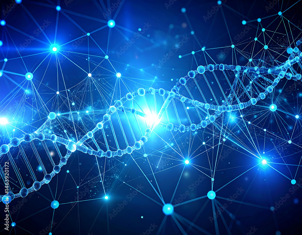 A futuristic molecular visualization of a genetic structure, neurons, and atoms interconnected by a high-tech blue grid in the vastness of deep space. A futuristic molecular visualization of a genetic structure, neurons, and atoms interconnected by a high-tech blue grid in the vastness of deep space.