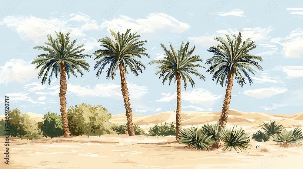 Fototapeta premium Serene Desert Oasis Palm Trees Under a Blue Sky