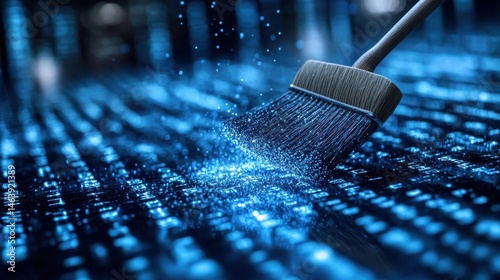 Digital Data Cleaning Blue Glowing Data Swept Away by Worn Brush