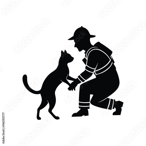 flat and minimal firefighter rescuing cat icon of silhouette vector illustration on white background