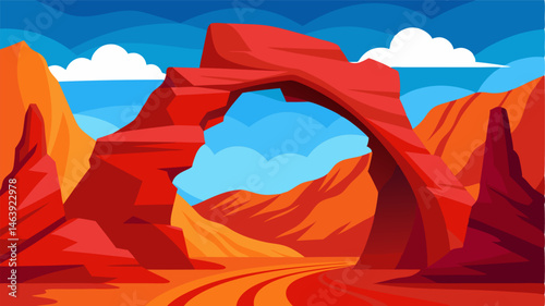 Striking red sandstone provides the backdrop for a natural arch its curves and crevices telling a story of time and weather.