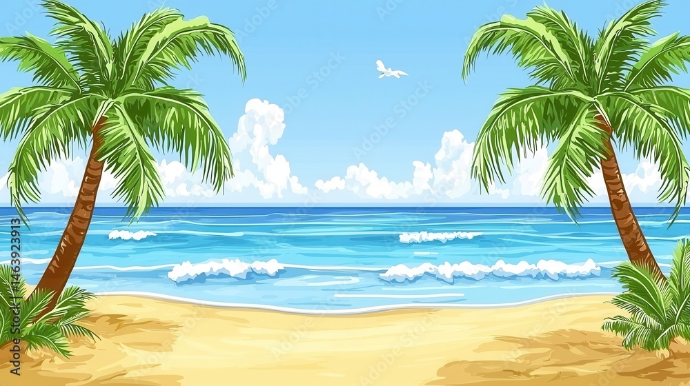 Obraz premium Tranquil Beach Scene Palm Trees Ocean Waves and Sandy Shore