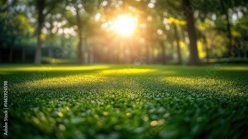 Lush green grass bathed in golden sunlight, park scene