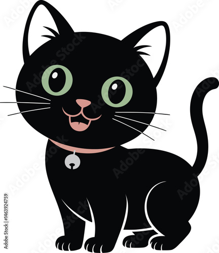 Adorable cartoon illustration of a happy black cat wearing a collar on white background