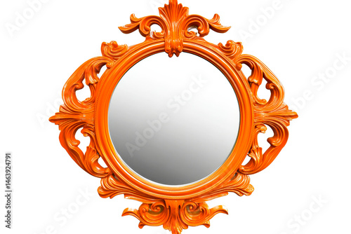 Elegant oval mirror, orange ornate frame, interior décor, cut out transparent