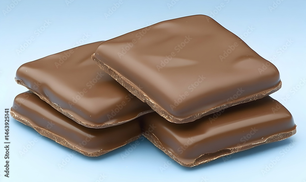 Stacked chocolate squares with smooth ganache on a light blue ba Stacked chocolate squares with smooth ganache on a light blue ba