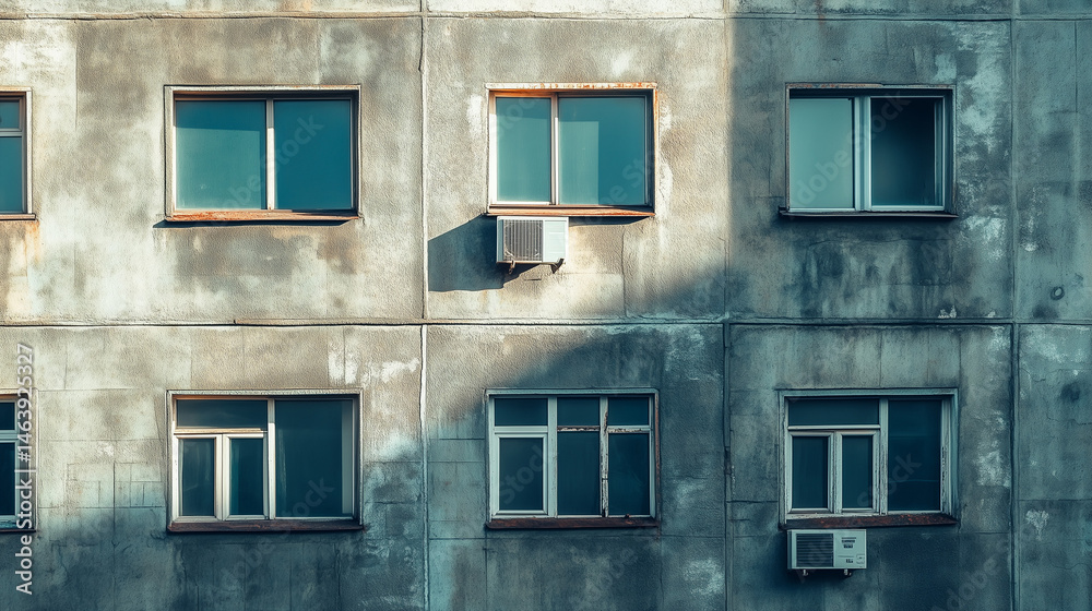 Fototapeta premium Aged concrete apartment exterior with various windows and AC units under natural sunlight and shadows