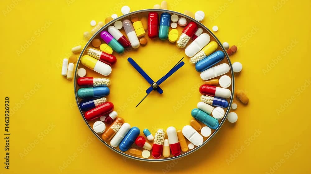 Colorful medicine capsules and tablets arranged in circular clock shape on bright yellow background symbolize timely pill and capsule medicine health awareness with pharmaceutical tablet clock time