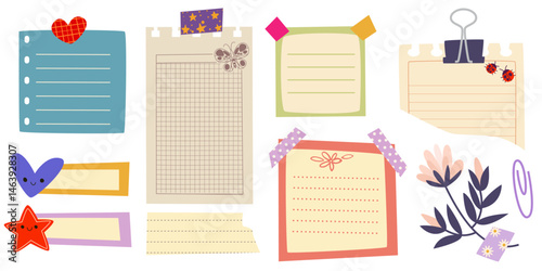 Drawn paper notes set isolated on white background. Vector cartoon illustration of memo pages for message or to-do list attached with colorful heart, star, shape stickers, kids planner board design