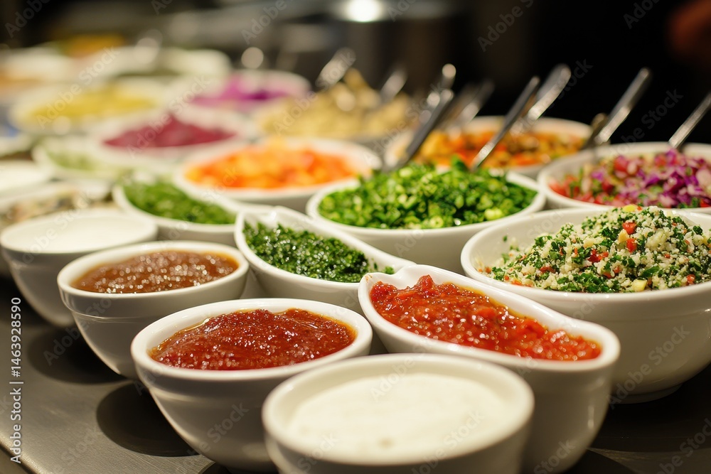 Bowls of various sauces and chopped vegetables at a salad bar. Perfect for food blogs, catering, or restaurant related content.