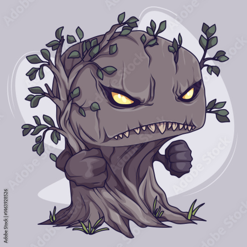 Plant monster scary tree with glowing yellow eyes, twisted bark body, clenched fists and sharp teeth, covered in green leaves and grass sprouts. Cartoon forest enemy for fantasy game design.