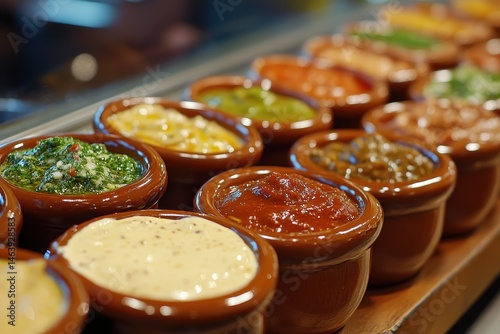 Various dips and sauces served in small, rustic terracotta ramekins. Showcase flavors for restaurant menus or culinary blog articles.