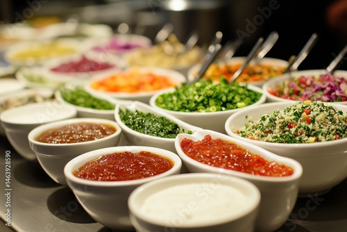 Obraz na płótnie Bowls of various sauces and chopped vegetables at a salad bar. Perfect for food blogs, catering, or restaurant related content. w salonie