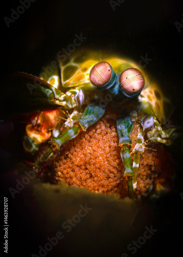 Peacock mantis shrimp (Odontodactylus scyllarus) with eggs. Underwater macro photography from Anilao, Philippines
