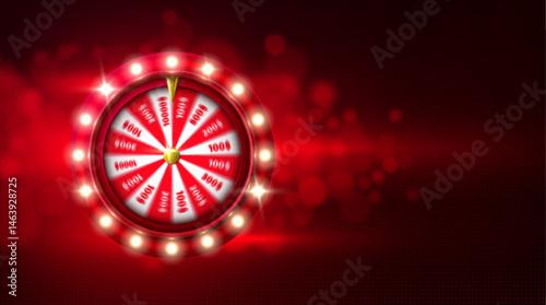 Bright casino spin wheel with glowing bulbs and dollar prizes, placed on vivid red background with sparkles and bokeh for jackpot games, lucky draws or promotional gambling ads. Realistic 3d vector.