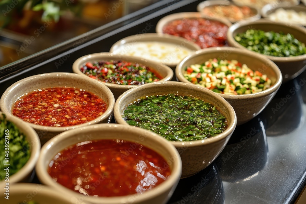 A buffet of diverse colorful sauces and chopped ingredients are in ceramic bowls. Showcase variety, flavors, and fresh additions for cooking and condiments.