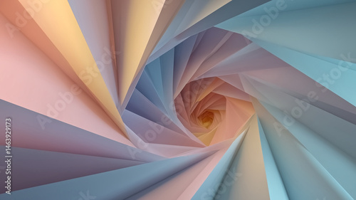 Fototapeta Naklejka Na Ścianę i Meble -  A mesmerizing pastel spiral tunnel created from folded geometric layers. The inward depth and gradient lighting add a dreamy