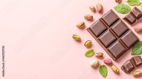 Milk chocolate bar with pistachios and mint leaves on a pink background