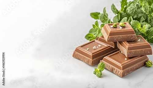 Milk chocolate squares with sea salt and pistachios, garnished with fresh mint leaves on a marble surface
