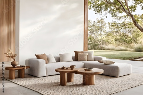 Modern sectional sofa with organic coffee tables, neutral tones, and outdoor view