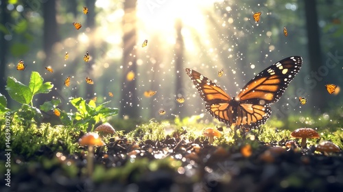 Monarch butterfly in sunlit forest, surrounded by smaller butterflies and mushrooms