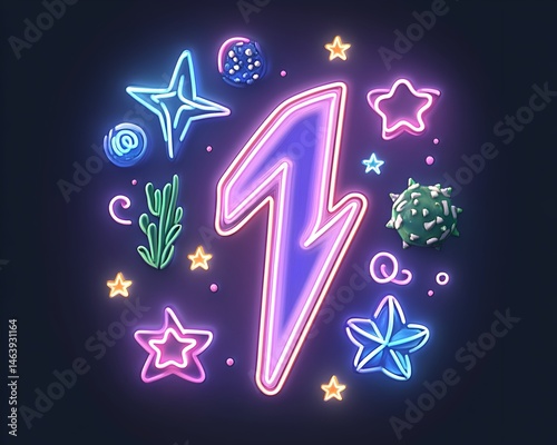 Neon lightning bolt encircled by glowing stars, cacti, and cosmic elements
