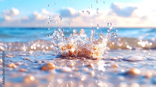 Ocean wave splashing on sandy beach at sunrise, creating a crown-shaped water splash