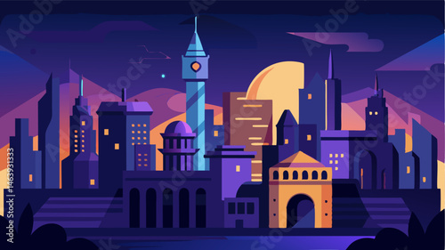 The citys nightscape a mix of modernity and history as the old town is lit up alongside the towering skyscrapers.
