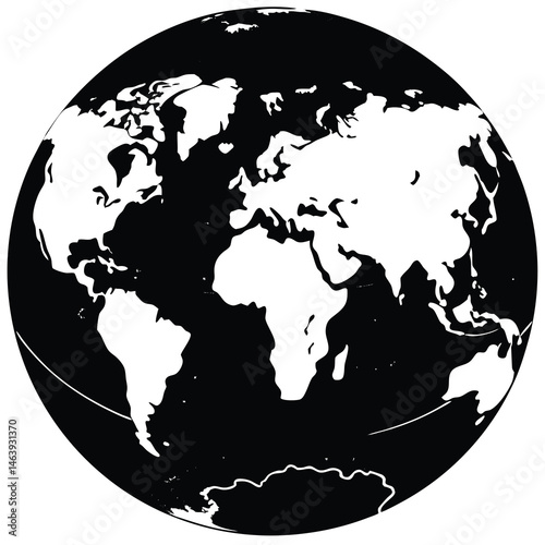 World Map Silhouette, Black and White Globe Illustration