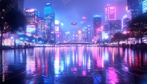 Neon-lit cityscape at night, reflected in still water; a drone hovers overhead