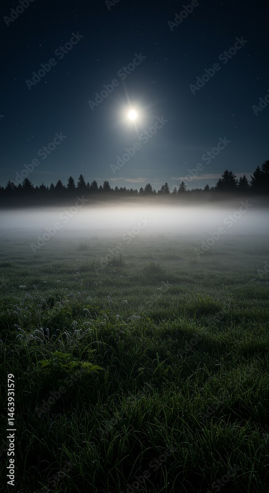Naklejka premium Green Field Covered in Mist Illuminated by Moonlight and Stars at Night