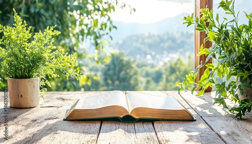 Open book on wooden table, sunny day, mountain view