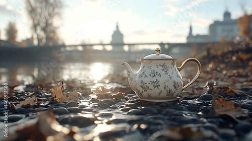 Ornate teapot sits on autumnal riverbank at sunrise