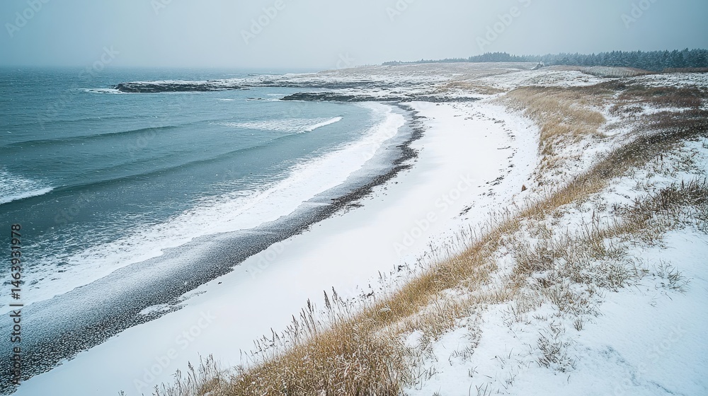 Snowy beach landscape with ocean waves and dry grass field in winter. Use this image for travel, weather, or nature concepts.