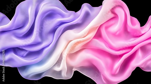Pastel ombre silk fabric draped elegantly, showcasing soft purple, white, and pink hues against a black background