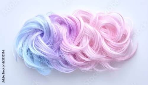 Pastel-colored hair extension, ombre effect, light blue to pink, curly, soft, voluminous