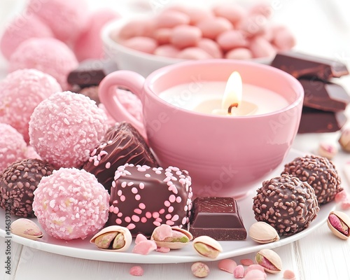 Pink and brown chocolates, pistachios, and a lit candle in a pink cup rest on a white plate