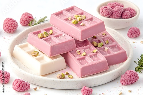 Pink and white chocolate bars with pistachios and raspberries