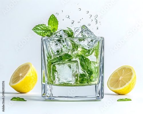 Refreshing iced drink with lemon and mint