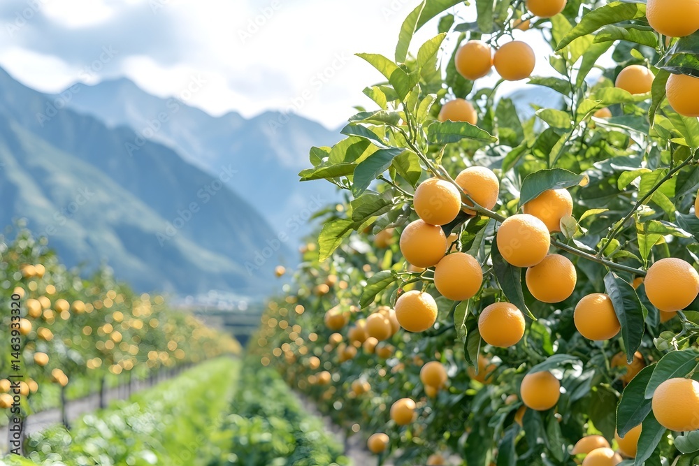 Ripe oranges hang heavily on branches in a vibrant citrus grove, mountains forming a scenic backdrop Ripe oranges hang heavily on branches in a vibrant citrus grove, mountains forming a scenic backdrop