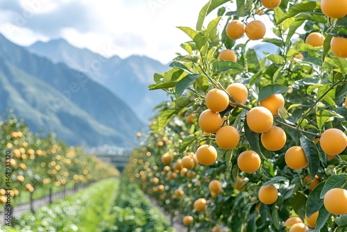 Ripe oranges hang heavily on branches in a vibrant citrus grove, mountains forming a scenic backdrop