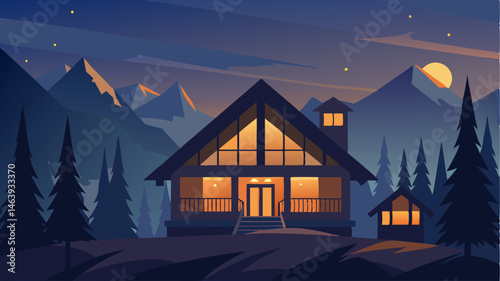 Soft candlelight flickers in the windows adding to the rustic charm of the mountain lodge at dusk.