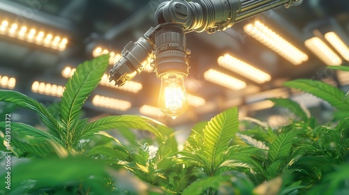 Robotic arm illuminating indoor plants with a lightbulb in a controlled environment