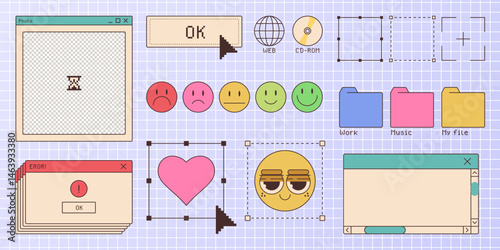 Retro styled window browser interface elements from nostalgic websites - emoticon face icons, colorful folders, dialog error warning pop-up, pink love heart. Ui assets for vintage internet design.